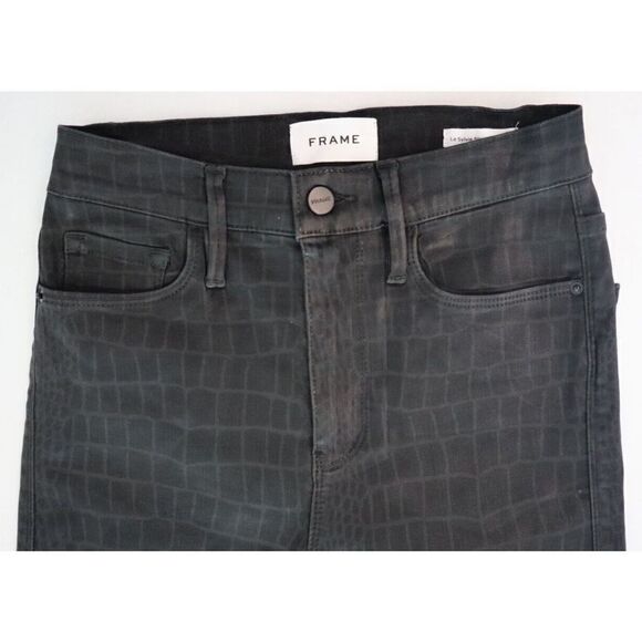 FRAME Women's Sz 26 Black Noir Croc Coated Le Sylvie Slender Straight Jeans $278 - Picture 3 of 7